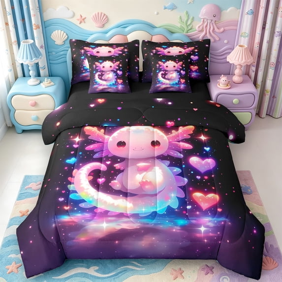 Manfei 3D Print Axolotl 7-Piece Twin Bedding,Ocean Animal Bedding Comforter Set,Black Reversible