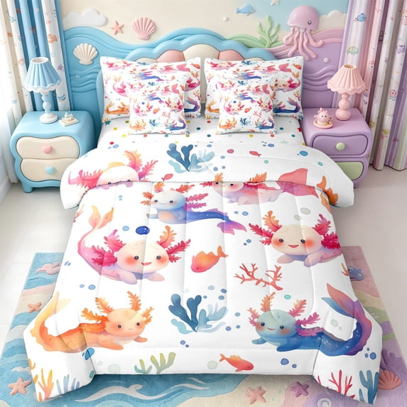 Manfei 3D Print Axolotl 7 Pieces Full Size Bedding Sets,Pastel Ocean Animal Full Size Bed in a Bag,Polkadot Reversible