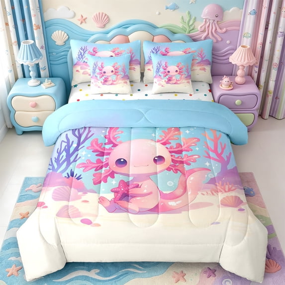 Manfei 3D Print Axolotl 7 Pieces Full Size Bedding Sets,Watercolor Animals Pattern Full Size Bed in a Bag,Polkadot Reversible