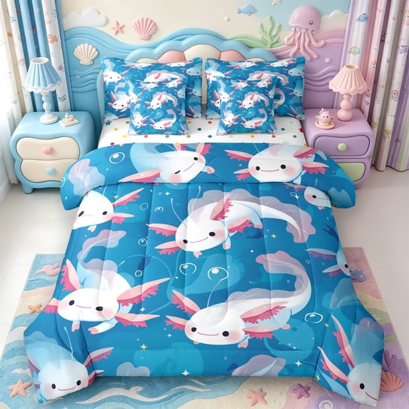 Manfei 3D Print Axolotl 7pcs Queen Bedding,Watercolor Ocean Animal Bedding Comforter Set Queen,Polkadot Reversible
