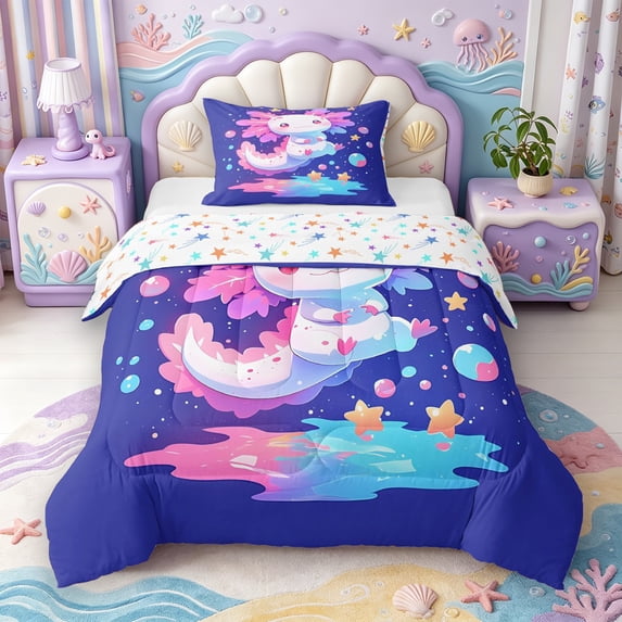 Manfei 3D Print Axolotl Twin Comforter Sets,Kawaii Ocean Animal Bedding Set,Colorful Stars Reversible,2pcs,1 Comforter and 1 Pillowcase