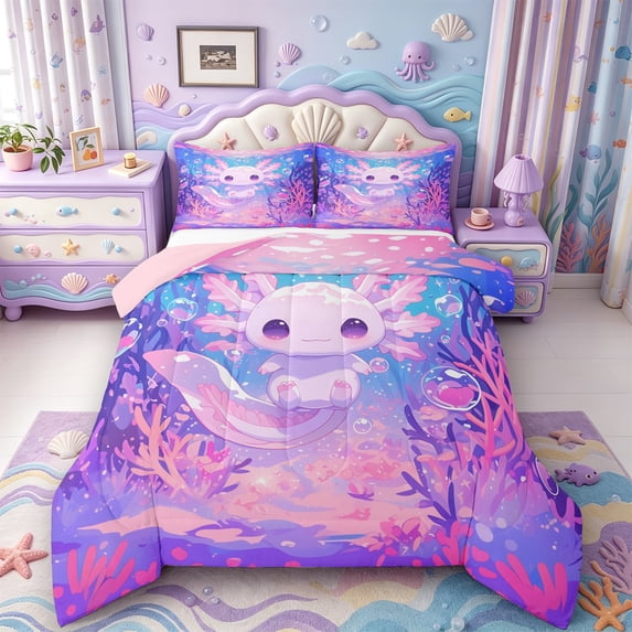 Manfei 3D Printed Animal Axolotl Queen Comforter Set,Cute Salamander Pattern Comforter Sets Queen,Pink Reversible,3pcs,1 Comforter and 2 Pillowcases