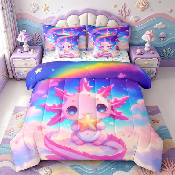 Manfei 3D-Printed Axolotl 7-Piece Twin Bedding,Cute Animals Print Bedding Comforter Set,Colorful Stars Reversible