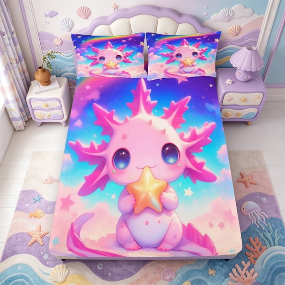 Manfei 3D-Printed Axolotl Fitted Sheet Full,Cute Animals Print Bed Set,3-Piece,1 Fitted Sheet and 2 Pillowcases