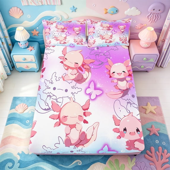Manfei 3D-Printed Axolotl Fitted Sheet Queen,Watercolor Ocean Animal Bedding,3-Piece,1 Fitted Sheet and 2 Pillowcases