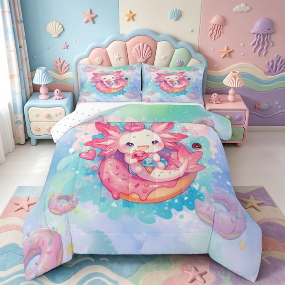 Manfei 3D-Printed Axolotl Queen Comforter Set,Ocean Animal Comforter Sets Queen,Reversible,3-Piece,1 Comforter and 2 Pillowcases