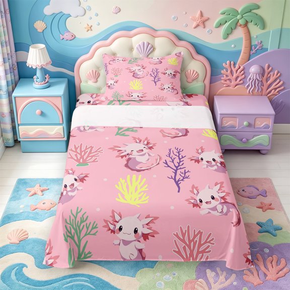 Manfei 3D-Printed Axolotl Twin Sheets,Cute Salamander Pattern Bedding,3-Piece,1 Flat Sheet,1 Fitted Sheet and 1 Pillowcase