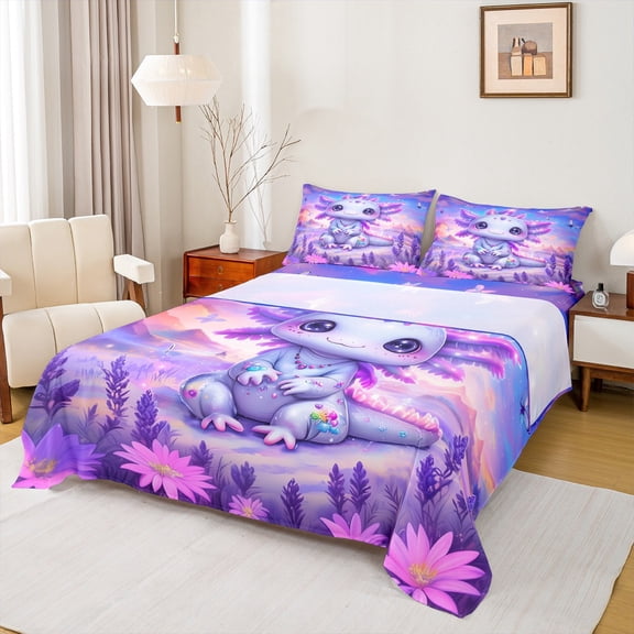 Manfei 3D Purple Axolotl Bed Sheets, Mystic Galaxy Flower King Sheets, Teen Boy Girl Kids Sheet Set, Microfiber Bedroom Decor, 4 Pieces