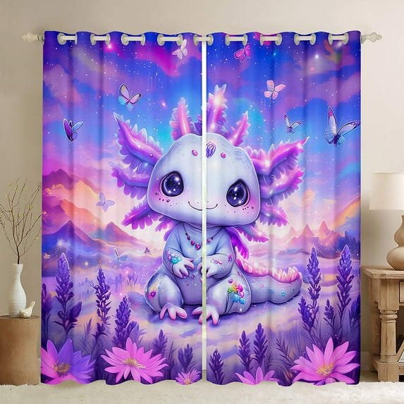 Manfei 3D Purple Axolotl Curtains Pack of 2 (42x84 Each), Mystic Galaxy Flower Curtains Blackout, Teen Boy Girl Kids Bedroom Curtains, Curtains and Drapes Bedroom Decor