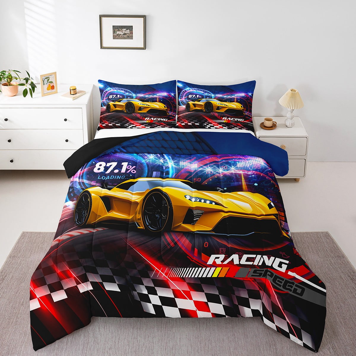 Manfei 3D Race Car Bedding Full Comforter Set, Checkered Flag Down ...