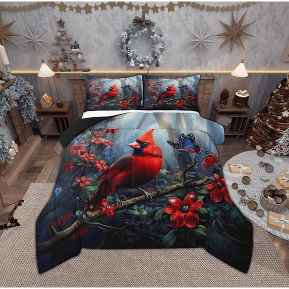 Manfei 3D Red Bird Full Size Comforter Sets for Teen, Dreamy Robin Butterfly Bedding Comforter Set, Jungle Poinsettia Flower Reversible Bedding Sets, Lightweight Room Decor, 3-Piece