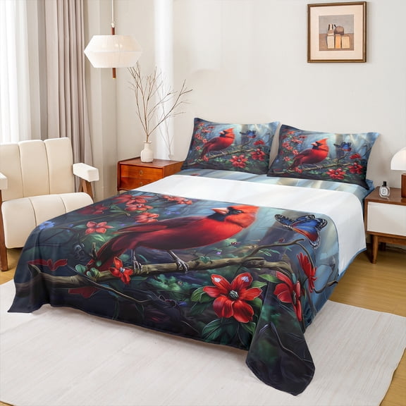 Manfei 3D Red Bird Full Size Sheets for Teen, Dreamy Robin Butterfly Bed Sheets, Jungle Poinsettia Flower Sheet Sets, Lightweight Room Decor, 4-Piece