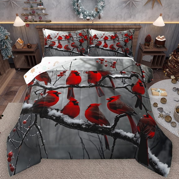 Manfei 3D Red Robin Bedding Comforter Set for Women, Winter Rustic Bird Animal Twin Comforter Sets, Western Christmas Reversible Bedding Set, Super Cozy Room Decor, 2 Pieces