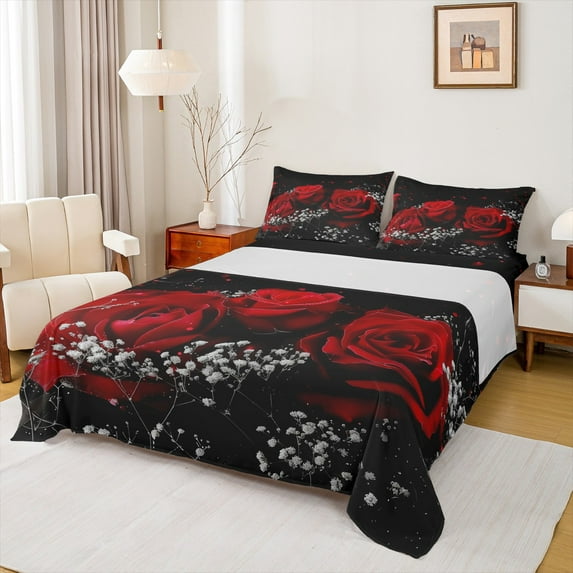 Manfei 3D Red Rose Bed Sheets, Flower Floral King Sheets, Romantic Couple Valentines Day Sheet Set, Super Cozy Room Decor, 4-Piece