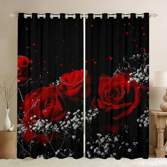 Manfei 3D Red Rose Black Out Curtains, Flower Floral Curtains Pack of 2 (42x63 Each), Romantic Couple Valentines Day Bedroom Curtains, Curtains and Drapes Room Decor