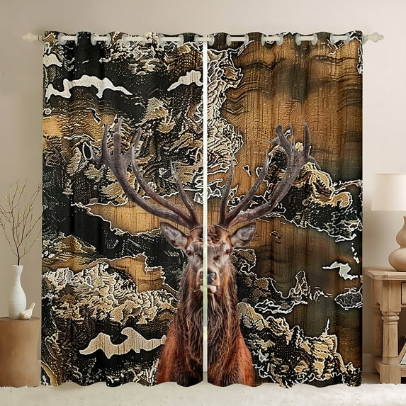 Manfei 3D Reindeer Curtains for Living Room, Woodland Wildlife Blackout Curtains for Bedroom, Vintage Rustic Curtains Pack of 2 (38x45), Window Curtains Bedroom Decor