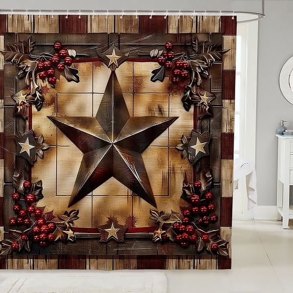 Manfei 3D Retro Stars Print Shower Curtain 72Wx84L,Boho Farmhouse Cabin Bathroom Shower Curtain,Cream Brown