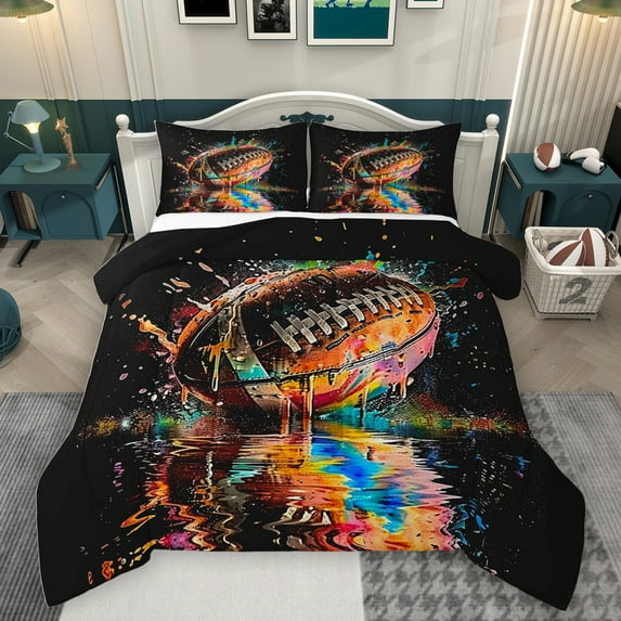 Homewish 3D Rugby Sport Queen Comforter Set, American Football Soccer Lover Bedding Sets, Splatter Watercolor Reversible Bedding Comforter Set, Breathable Home Decor, 3-Piece