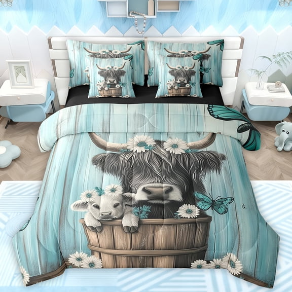 Manfei 3D Rustic Cattle Bedding Comforter Set 7pcs for Teens, Cyan Wooden Plank Queen Bedding Sets, Fashion Groovy Flower Reversible Queen Sheet Sets, Lightweight Room Decor