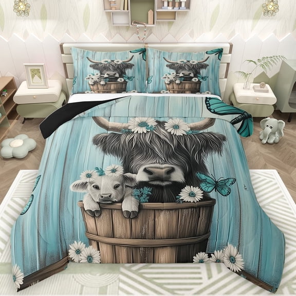 Manfei 3D Rustic Cattle Queen Comforter Set for Teens, Cyan Wooden Plank Bedding Sets, Fashion Groovy Flower Reversible Bedding Comforter Set, Lightweight Room Decor, 3-Piece