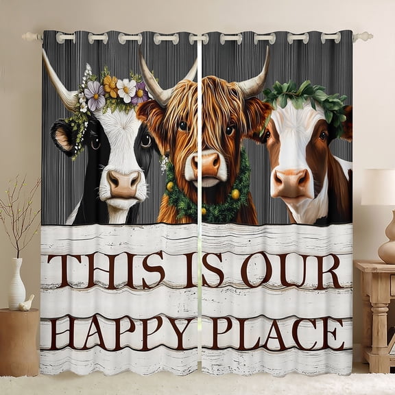 Manfei 3D Rustic Cow Black Out Curtains for Teen, Lodge Cabin Curtains Pack of 2 (42x63 Each), Kawaii Cartoon Animal Bedroom Curtains, Living Room Curtains Decor