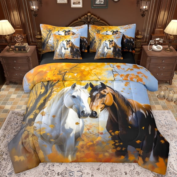 Manfei 3D Rustic Horse Bedding Comforter Set 7 Pieces, Autumn Jungle Leaf Full Bedding Set, Western Farm Animal Reversible Fitted Sheet Flat Sheet, Ultra Soft Bedroom Decor