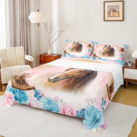 Manfei 3D Rustic Horse Full Size Sheets, Blue Pink Watercolor Flower Bed Sheets, Dreamy Rainbow Sheet Sets, Luxury Bedroom Decor, 4pcs