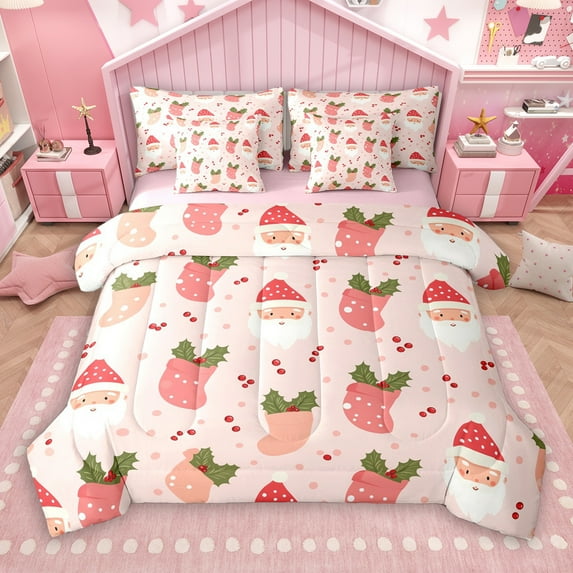 Manfei 3D Santa Claus 7-Piece Twin Bedding Sets, Magic Christmas Socks Bedding Comforter Set, Teens Kids Boys Girls Reversible Sheet Sets, Microfiber Bedroom Decor