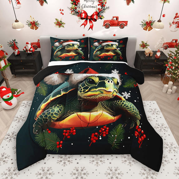 Manfei 3D Sea Turtle Bedding Comforter Set 2pcs, Xmas Animal Twin Comforter Sets, Merry Christmas Bedding Set for Kids, Ultra Soft Home Decor