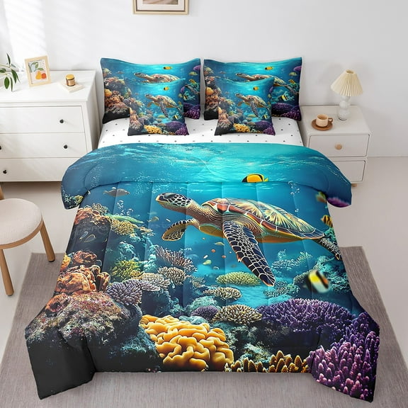 Feelyou 3D Sea Turtle Twin Bedding Sets 7-Piece, Ocean Sealife Bedding Comforter Set, Marine Coral Sheet Sets, Super Cozy Bedroom Decor