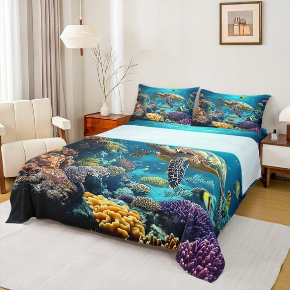 Feelyou 3D Sea Turtle Twin Sheet Sets, Ocean Sealife Twin Fitted Sheet, Marine Coral Flat Sheet, Super Cozy Bedroom Decor, 3-Piece