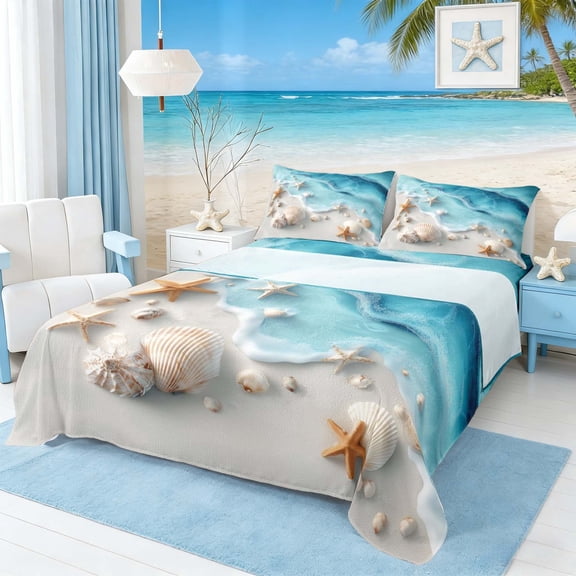 Manfei 3D Seashell Starfish Beach Wave Full Size Sheets for Kids Boys and Girls, Coastal Life Print Bed Sheets 4 Pieces, 1 Flat Sheet, 1 Fitted Sheet and 2 Pillowcases