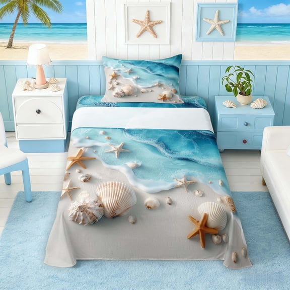 Manfei 3D Seashell Starfish Beach Wave Twin Sheet Sets for Kids Boys and Girls, Coastal Life Print Bedding 3 Pieces, 1 Flat Sheet, 1 Fitted Sheet and 1 Pillowcase