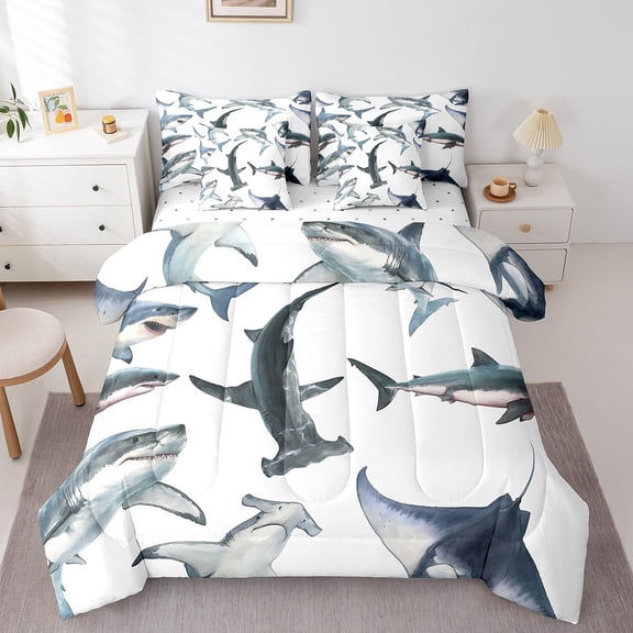 Feelyou 3D Shark Boy Bedding Comforter Set 7-Piece, Funny Sealife King Bedding Sets, Ocean Marine Animal Bed Sheets, Ultra Soft Room Decor