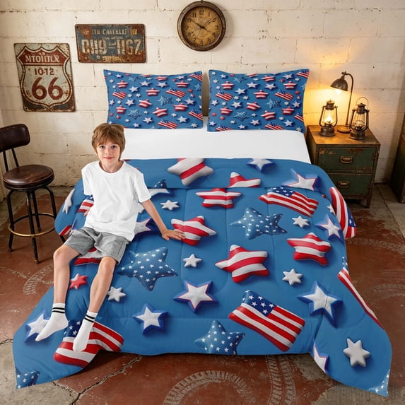 Manfei 3D Star Full Size Comforter Sets, US Flag Bedding Comforter Set, Red White Blue, Navy Reversible 3-Piece, 1 Comforter and 2 Pillowcases