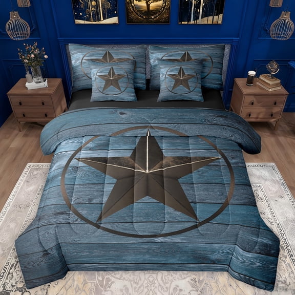 Manfei 3D Texas Stars 7-Piece Twin Bedding Sets,Rustic Western Farmhouse Bedding Comforter Set,Brown Blue Sheet Sets For Boys,Microfiber Bedroom Decor Reversible