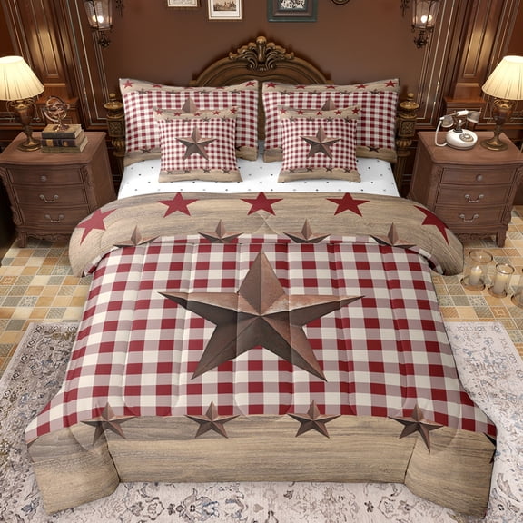 Manfei 3D Texas Stars 7pcs Bedding Comforter Set,Vintage Geometric Checkered Queen Bedding Sets,Country Farmhouse Lodge Queen Sheet Sets For Boys Kids,Super Cozy Room Decor Reversible
