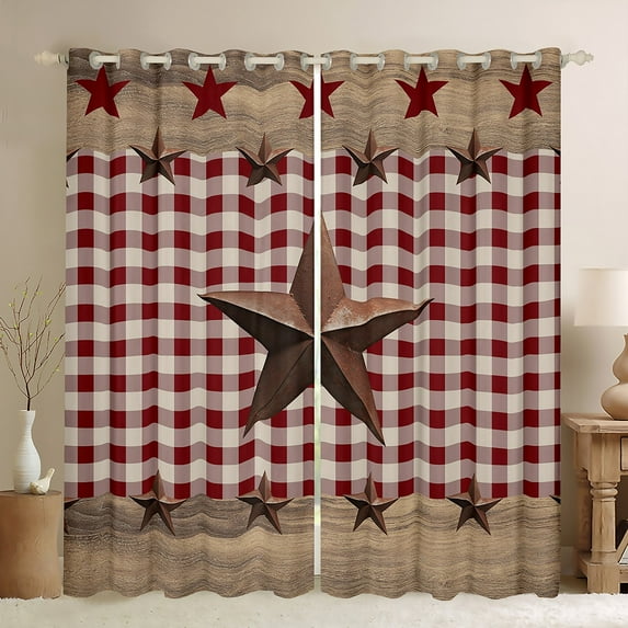 Manfei 3D Texas Stars Black Out Curtains,Vintage Geometric Checkered Curtains Pack of 2 (42x63 Each),Country Farmhouse Lodge Bedroom Curtains For Boys Kids,Super Cozy Room Decor