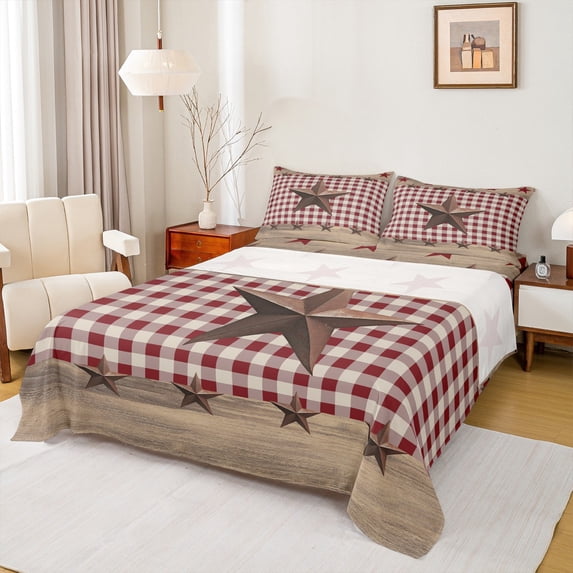 Manfei 3D Texas Stars Full Size Sheets,Vintage Geometric Checkered Bed Sheets,Country Farmhouse Lodge Sheet Sets For Boys Kids,Super Cozy Room Decor,4pcs
