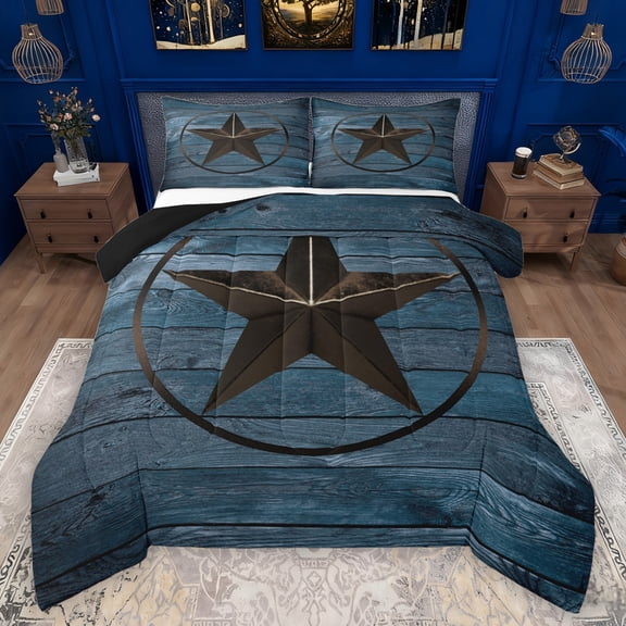 Manfei 3D Texas Stars Queen Comforter Set,Rustic Western Farmhouse Bedding Sets,Brown Blue Bedding Comforter Set For Boys,Microfiber Bedroom Decor Reversible,3pcs