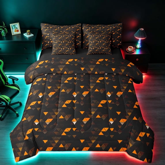 Manfei 3D Triangle King Bedding, Geometric Black Orange King Bed in a Bag, Black Reversible 7pcs