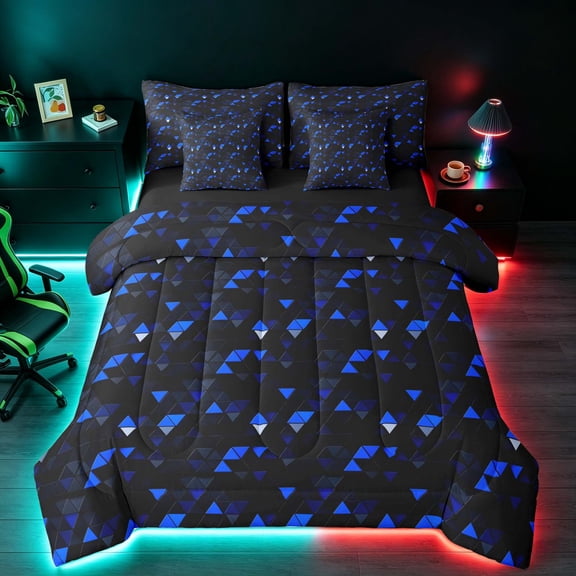 Manfei 3D Triangle Queen Bedding, Geometric Black Blue Bedding Comforter Set Queen, Black Reversible 7pcs