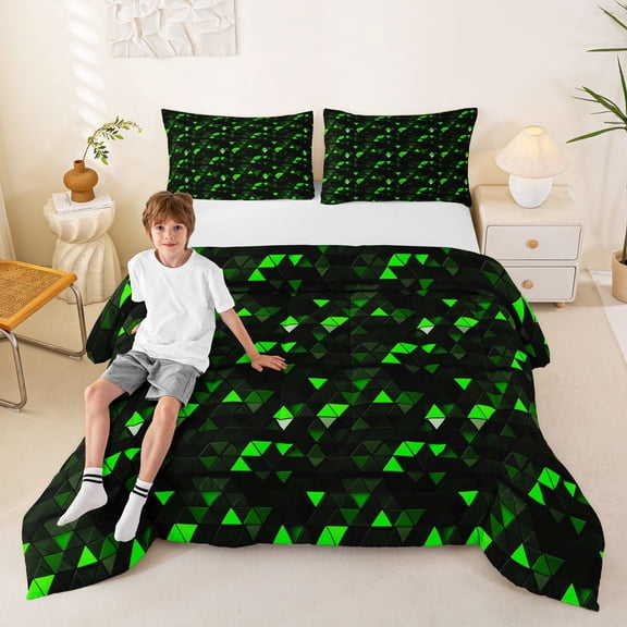 Manfei 3D Triangle Queen Comforter Set, Geometric Black Green Comforter Sets Queen, Black Reversible 3pcs, 1 Comforter and 2 Pillowcases