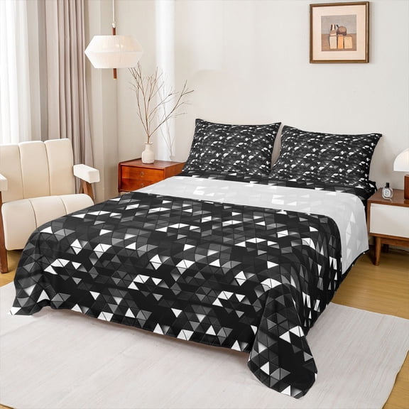 Manfei 3D Triangle Queen Sheets, Geometric Black White Queen Sheet Sets, Black Reversible 4pcs1 Flat Sheet + 1 Fitted Sheet + 2 Pillowcases