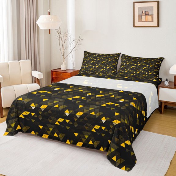 Manfei 3D Triangle Queen Sheets, Geometric Black Yellow Queen Sheet Sets, Black Reversible 4 Pieces1 Flat Sheet + 1 Fitted Sheet + 2 Pillowcases
