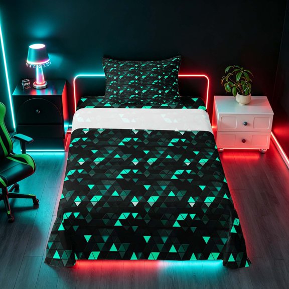 Manfei 3D Triangle Twin Sheets, Geometric Black Cyan Bedding, Black Reversible 3 Pieces1 Flat Sheet + 1 Fitted Sheet + 1 Pillowcase