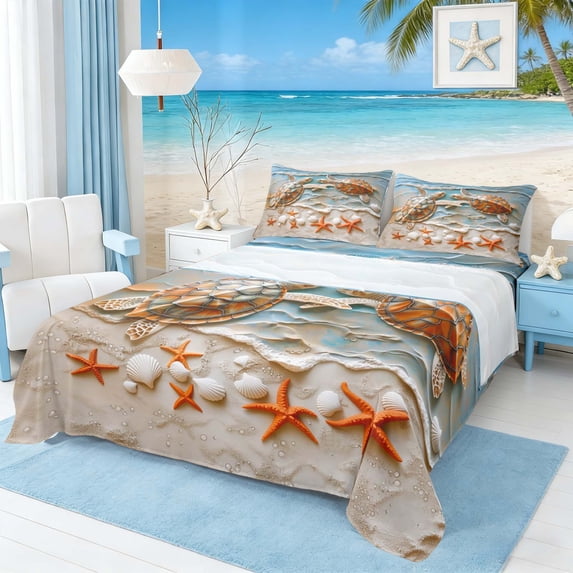 Manfei 3D Turtle Full Size Sheets for Kids Boys and Girls, Beach Wave Bed Sheets 4pcs, 1 Flat Sheet, 1 Fitted Sheet and 2 Pillowcases