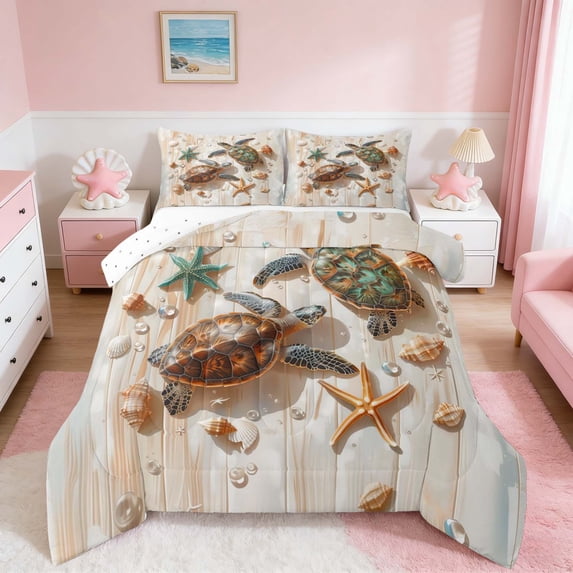 Manfei 3D Turtle Seashell Starfish Full Size Comforter Sets for Kids Boys and Girls, Brown Marine Life Print Bedding Sets, Reversible 3-Piece, 1 Comforter and 2 Pillowcases