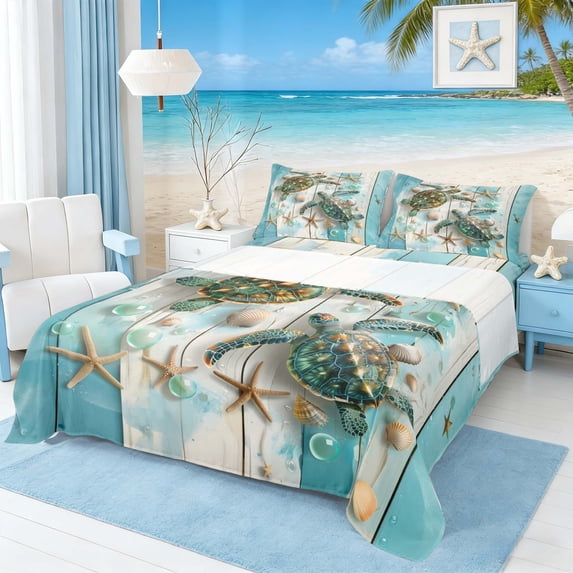 Manfei 3D Turtle Seashell Starfish Queen Sheet Sets for Kids Boys and Girls, Teal Marine Life Print Bed Set 4 Pieces, 1 Flat Sheet, 1 Fitted Sheet and 2 Pillowcases