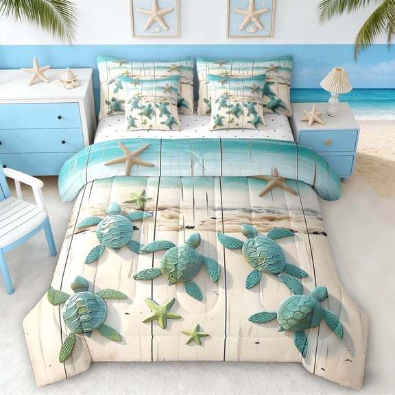 Manfei 3D Turtle Starfish Twin Bedding Sets for Kids Boys and Girls, Coastal Print Bedding Comforter Set, Reversible 7 Pieces
